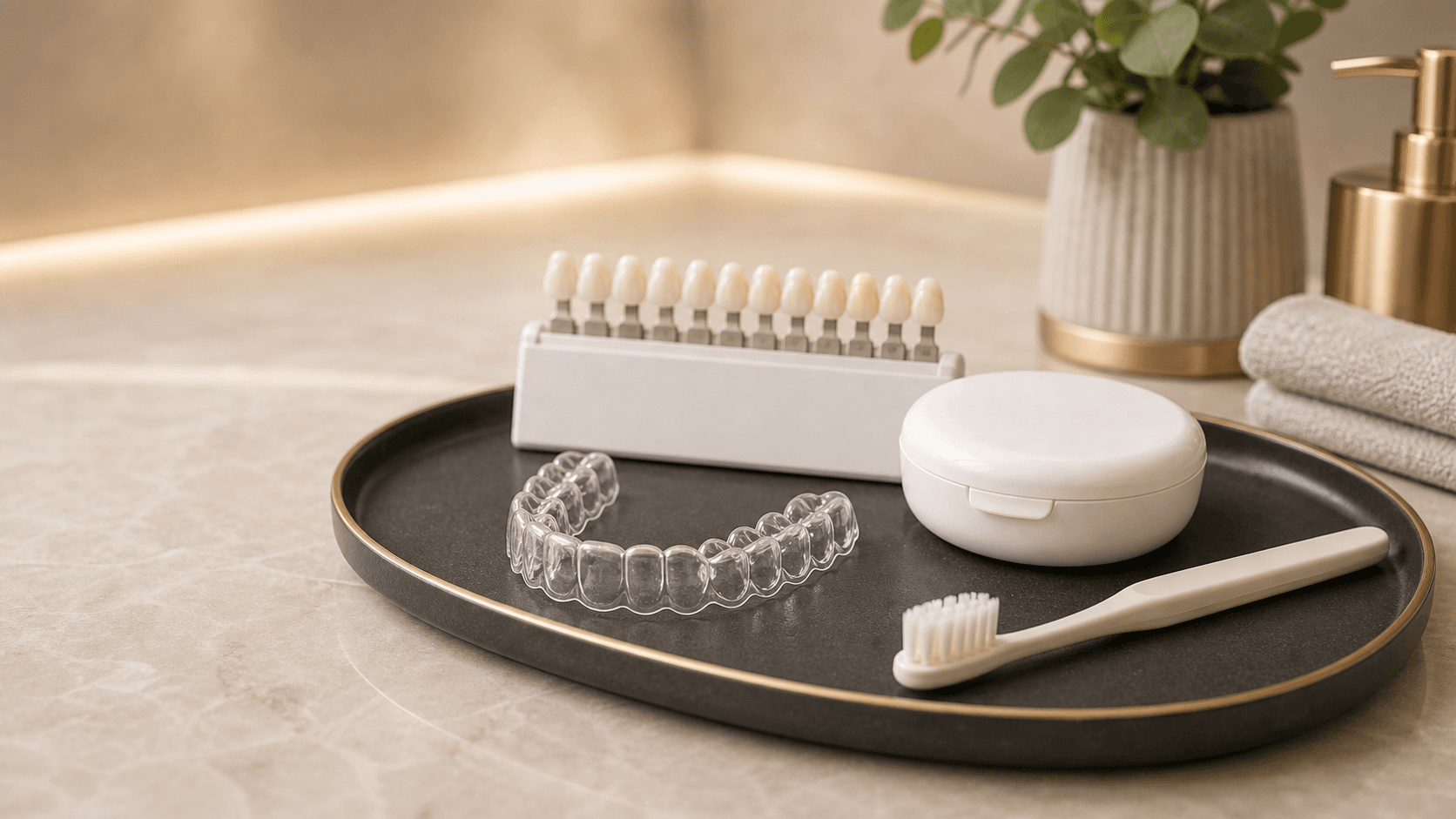 Professional teeth whitening tray and shade guide at Uniq Dentistry